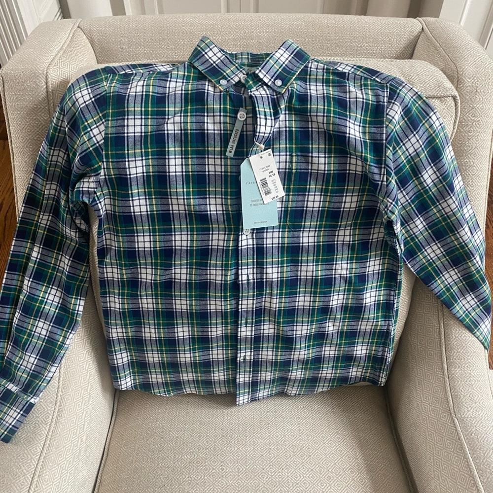 Navy blue/green plaid button down shirt